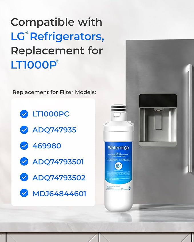 Waterdrop LT1000PC ADQ747935 MDJ64844601 Refrigerator Water Filter, Reduce chlorine, bad taste and odor, Replacement for LG® LT1000P®, ADQ74793501, ADQ74793502, Kenmore 46-9980, Pack of 3