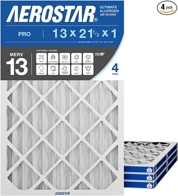 Aerostar 13x21.5x1 MERV 13 Pleated Air Filter, 4 Pack, AC Furnace Filters, HVAC Filter, Air Conditioner Filters, Heater Filters Replacement for Home (Actual Size: 12.875x21.5x0.75)