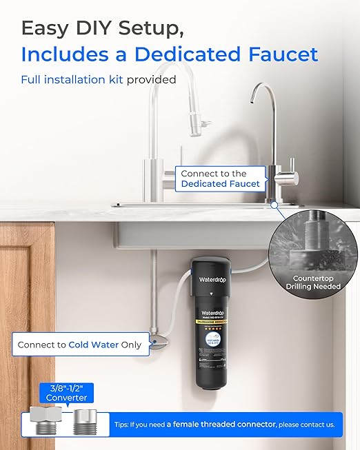 Waterdrop 10UB-CM Under Sink Water Filter System for 99% Chloramine Reduce, Ideal for California, Florida and Washington, NSF/ANSI 42 Certified (Include: System+Faucet)
