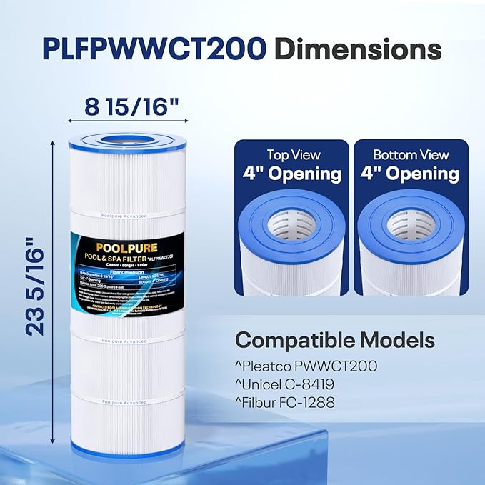 POOLPURE PWWCT200 Replacement Cartridge for Waterway Clearwater II 200, p/n 817-0200N, PWWCT200, Unicel C-8419, Filbur FC-1288 1PACK (23 5/16""×8 15/16""), White, PLFPWWCT200