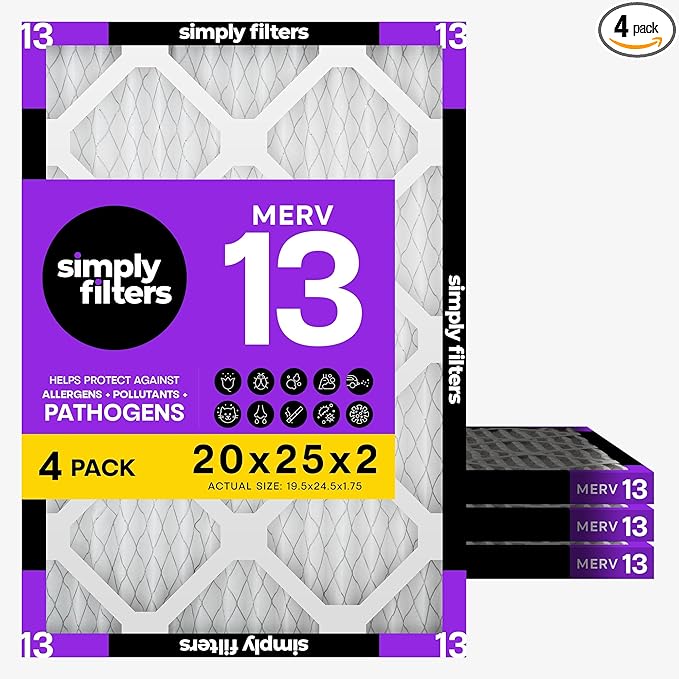 Simply 20x25x2 Air Filter, MERV 13, 4 Pack, Furnace Air Filter for HVAC (Actual Size: 19.5"x24.5"x1.75") DUST, Pet & Allergy Control