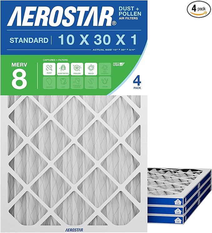 Aerostar 10x30x1 MERV 8 Pleated Air Filter, 4 Pack, AC Furnace Filters, HVAC Filter, Air Conditioner Filters, Heater Filters Replacement for Home (Actual Size: 10x30x0.75)