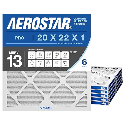 Aerostar 20x22x1 MERV 13 Air Filter, 6 Count, ACTUAL SIZE (19.75 x 21.75 x 0.75), HVAC, Air Conditioning & Furnace Filter for Allergies, Dust, Pet Dander & Smoke (MPR 1500 / FPR 10), Made in USA