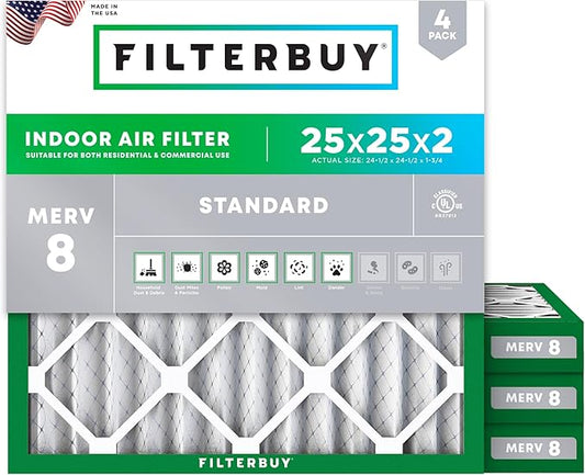 Filterbuy 25x25x2 Air Filter MERV 8 Essential Dust & Allergy Defense (4-Pack), Electrostatic Pleated HVAC AC Furnace Filters Replacement, Made in USA (Actual Size: 24.50 x 24.50 x 1.75)