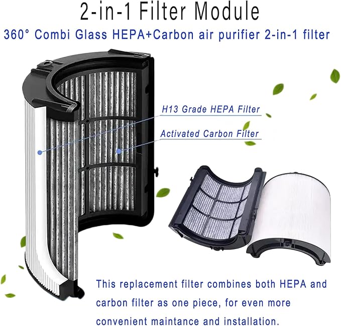 360° Combi Glass 2-in-1 HEPA+Carbon Replacement Filter for Dyson TP07 HP07 TP06 HP06 TP10 HP10 TP09 HP09 TP04 HP04 PH04 PH03 PH02 PH01 Air Purifier, H13 Grade True HEPA Pure Cool Hot Fan Filter, Black