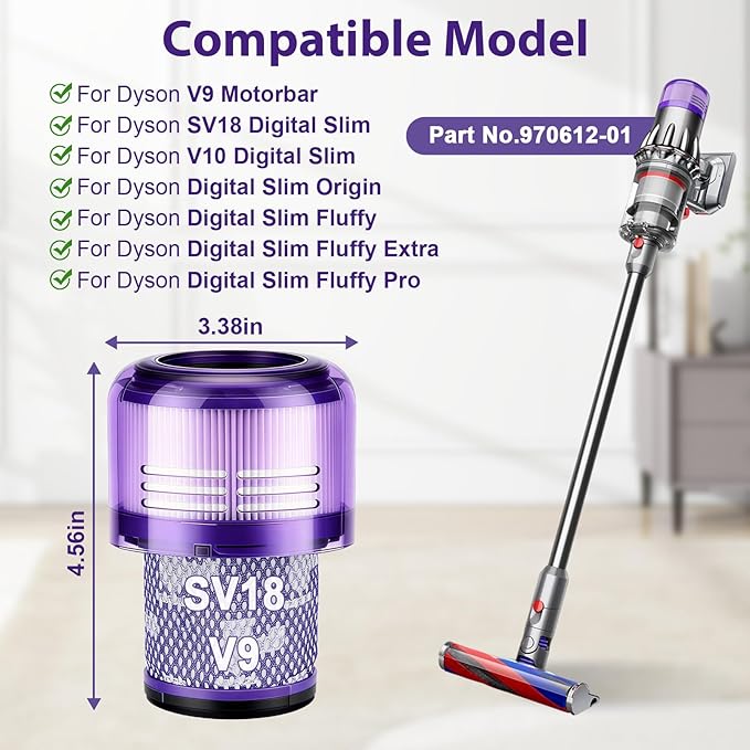 3Pack V9 SV18 Filter Replacement for Dyson V9 (SV57) SV18 Digital Slim Motorbar Submarine Cordless Vacuum Cleaner,Part #970612-01