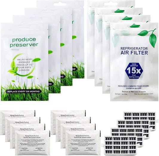 Funmit W10311524 Air Filter (4 Pack) & W10346771A Freshflow Produce Preserver (8 Pack) Replacement for Whirlpool Refrigerator