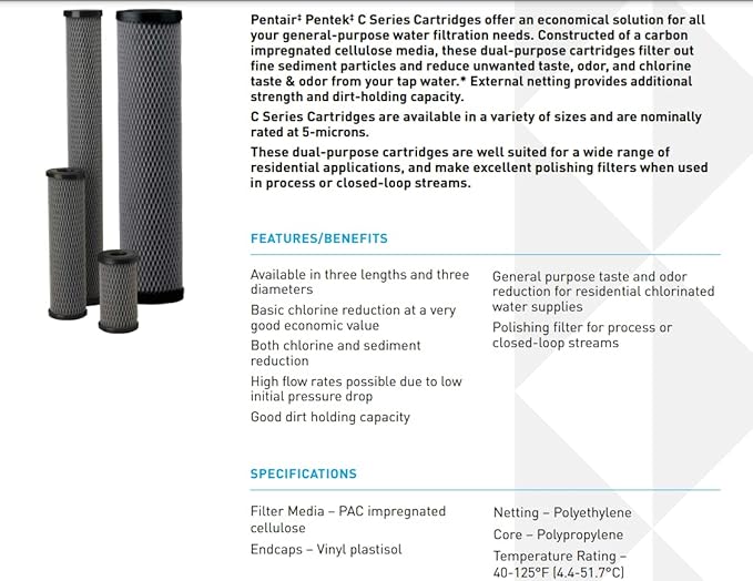 Pentair Pentek C1-20 Dual Purpose Carbon Water Filter, 20" x 2.5" Powdered Activated Carbon Cartridge, 5 Micron Sediment and Chlorine Taste Odor Reduction, 10000 Gallon Capacity, Pack of 14