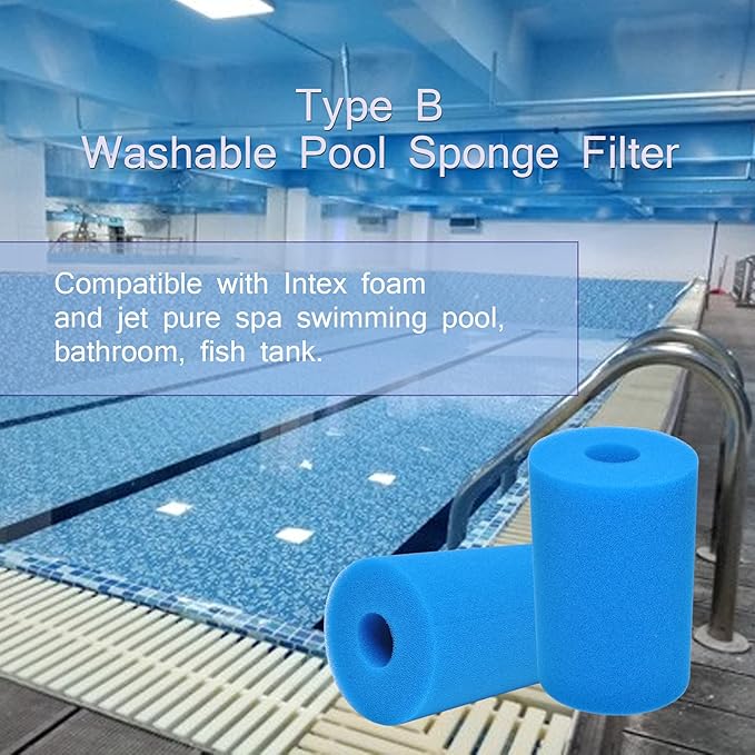 Type B Washable Pool Sponge Filter, Reusable Swimming Cartridge Foam Filter for Compatible with in-tex Type B (2 Pcs)