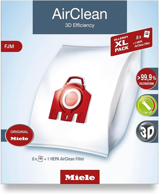 Miele Genuine FJM HyClean Air Vacuum Bags for Miele Compact C1 & Compact C2 Vacuum Cleaners, Allergy XL Pack of 8 Vacuum Bags and 1 HEPA AirClean Filter