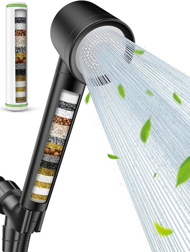 Ion Drops Filtered Shower Head with Handheld, High Pressure Shower Heads with 3 Spray, Showerhead with Filters Hand held for Hard Water, Remove Chlorine, Reduces Dry Itchy Skin (Black)