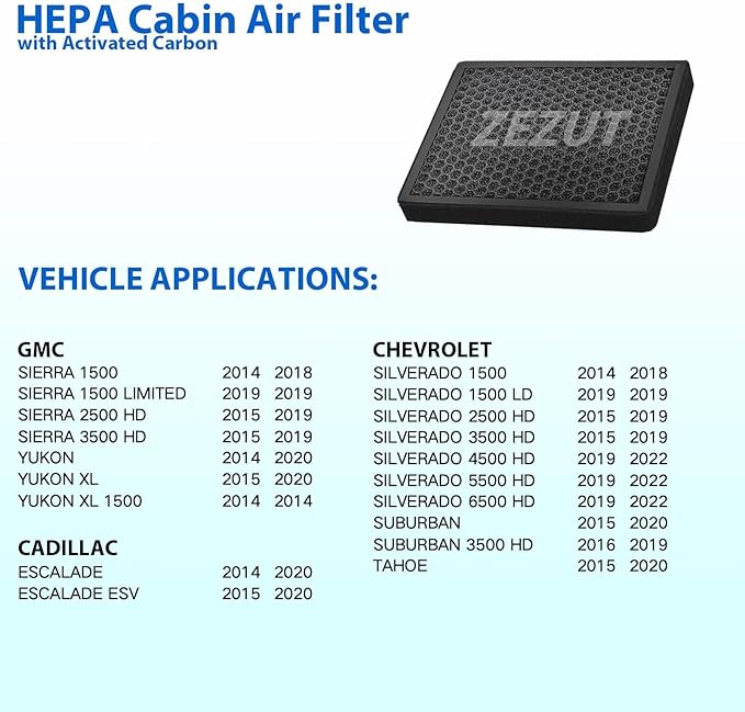 Cabin Air Filter, for 2014-2020 Cadillac Escalade, 2014-2018 Chevy Silverado 1500 and Sierra 1500, 15-19 2500HD and 3500HD, Suburban, Tahoe, Yukon, Activated Carbon (CF11809)