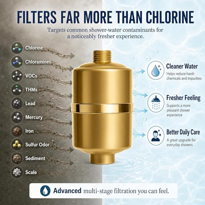 Crystal Quest Shower Filter, Shower Head Filter for Hard Water, Shower Water Filter Removes Chlorine, chloramines & VOCs, Filter Shower Head, Improves Skin & Hair, Long-Lasting - ISO Certified, Gold