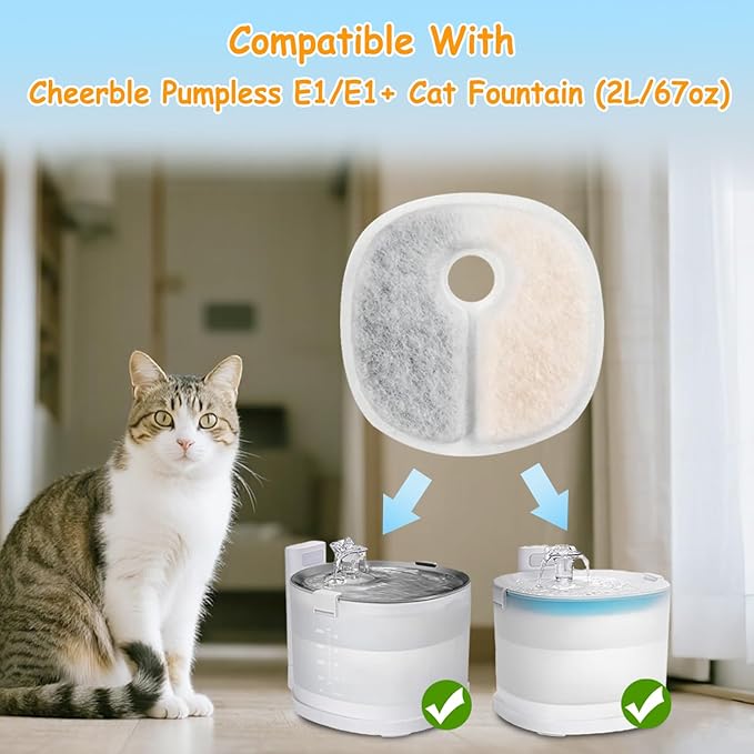 16 Pack Replacement Filters for E1/E1+ Pumpless Cat Water Fountain, Triple Layer Filtration System with Activated Carbon & Ion Exchange Resin, 1 Year Supply for 2L/67oz Pet Fountain