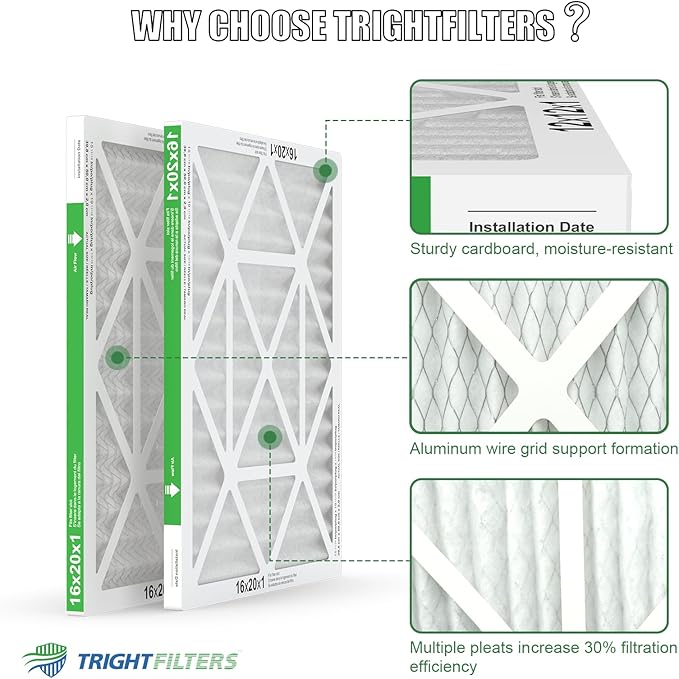 TRIGHTFILTERS 16x20x1 Air Filter 4 Pack, Durable MERV 8 Pleated Home HVAC AC Furnace Filters, Lightweight Compact Air Conditioner Filter Replacement