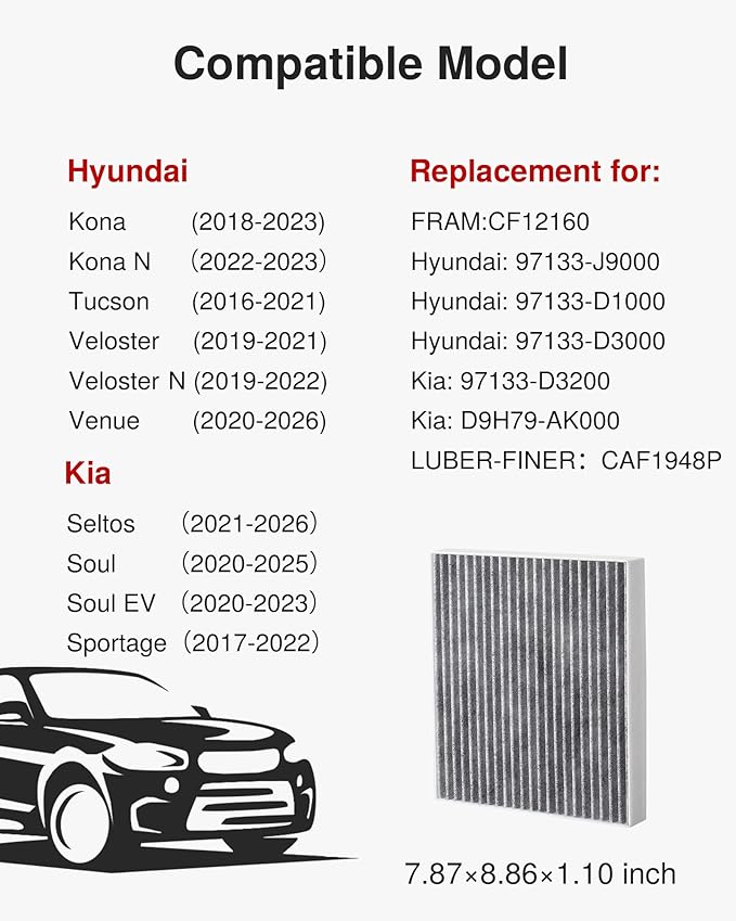 Puroma Cabin Air Filter with Activated Carbon, Compatible with CF12160, CAF1948P, Hyundai Kona 18-23, Tucson 16-21, Veloster 19-21, Venue 20-24, KIA Seltos 21-24, Soul 20-24, Sportage 17-22