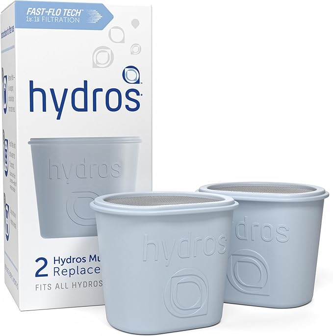 Hydros Filter Refill 2 Pack, Patented Fast Flo Tech, Replacement Water Filters for Hydros Pitchers, Carafes and Bottles, Filters 40 Gallons Each