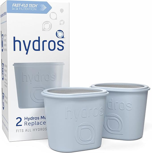 Hydros Filter Refill 2 Pack, Patented Fast Flo Tech, Replacement Water Filters for Hydros Pitchers, Carafes and Bottles, Filters 40 Gallons Each