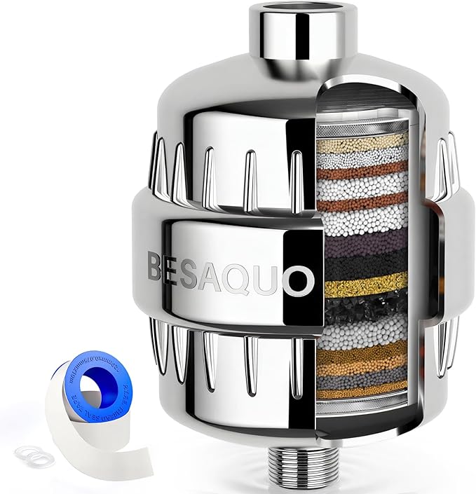 BESAQUO Shower Filter Head for Hard Water, Remove Chlorine, Heavy Metals, for Softer Skin, Shinier Hair and Stronger nails, with 20 Filtration Stages (Premium Chrome)