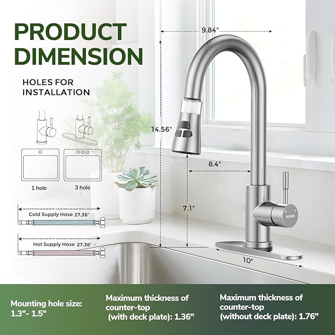 Kitchen Faucet With Pull Down Sprayer, Hurran Brushed Nickel Water Filter Faucets, High Arc Single Handle Kitchen Sink Faucet 1 or 3 Hole, Utility Sink Faucets With Deck Plate For Farmhouse Rv Wet Bar