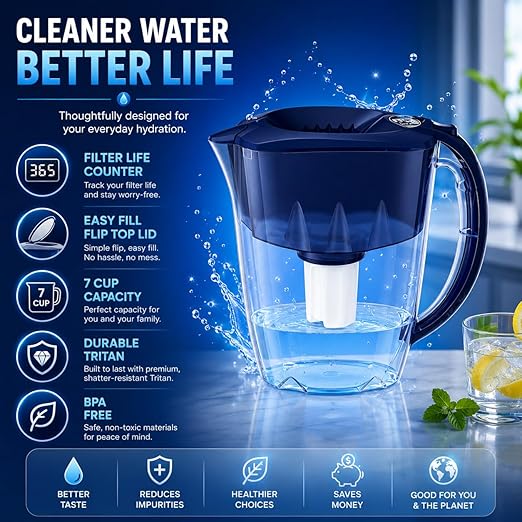 AQUAPHOR 7 Cup Ideal Water Filter Pitcher with 3 x B15 Filter | Reduces Chlorine & Heavy Metals | Fast Flow Water Filtration | BPA-Free & Dishwasher Safe | Improved & Filtered Water | Dark Blue
