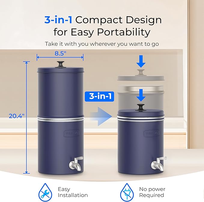 Waterdrop TK-AP Gravity Water Filter System, NSF/ANSI 42&372 Standard, Stainless Steel Water System with 2 Carbon Filters, Reduces Lead and Chlorine for Home, Emergencies, Blue, 2.25G