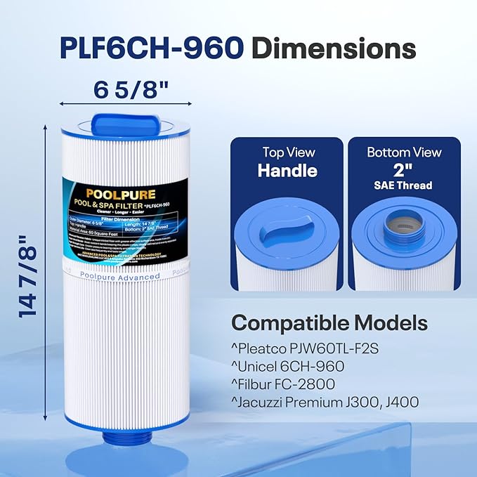 POOLPURE J300 Spa Filter Replaces PJW60TL-F2S, Jacuzzi Filters J-300, J400, Unicel 6CH-960, Filbur FC-2800, 6540-476, 6540-383, Hot Tub Filter with Closed Handle(Not be Removed) 2 Pack