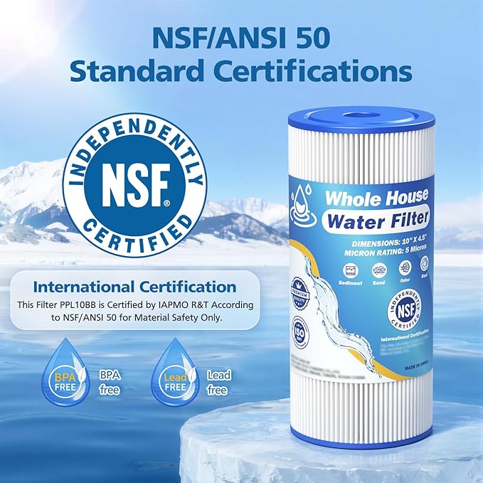 5 Micron 10" x 4.5" Whole House Water Filter Compatible with GE FXHSC, GXWH40L, Plumber W50PEHD, Culligan R50-BBSA, Pentek R50-BB, W10-PR, DuPont WFHDC3001, W50PEHD, High Flow Sediment Filters, 2 Pack
