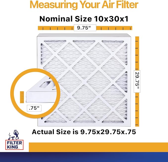 Filter King 10x30x1 Air Filter (MERV 13) (6-Pack) Dust & Allergy Control AC Furnace Filters, MADE IN USA, HVAC, Pleated, Electrostatic (Actual Size: 9.75 x 29.75 x .75)