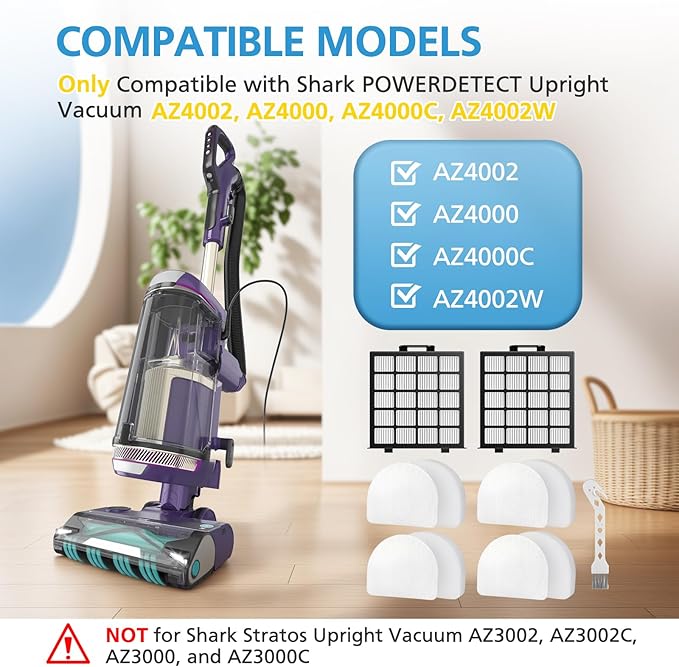 AZ4002 Replacement Filters Compatible with Shark POWERDETECT Upright Vacuum Cleaner AZ4002 AZ4000 AZ4000C AZ4002W, 2 HEPA Filters and 4 Foam & Felt Filters