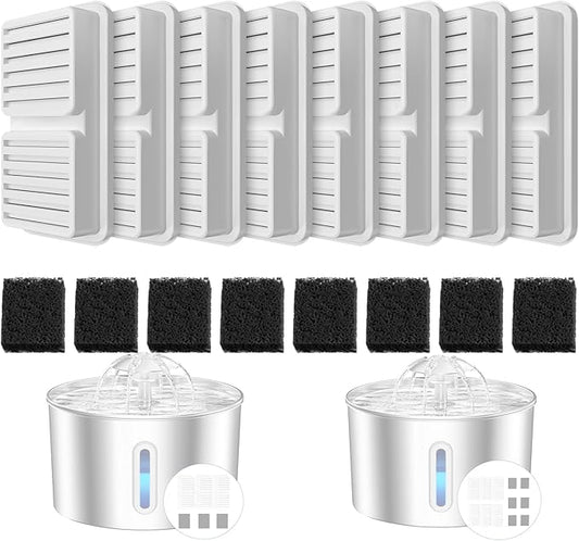 Replacement Filter for Cat Water Fountain - 8 Packs Pet Water Bowl Filters - 8 Filters & 8 Sponges Set for Stainless Steel Cats/Dog Water Dispenser - Activated Carbon & Foam Filtered Refill