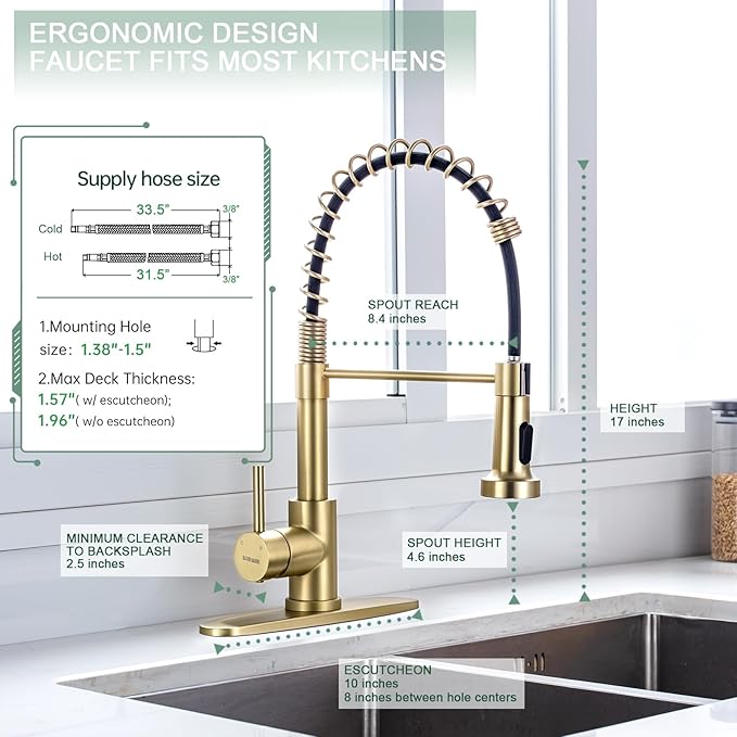 WEWE Brushed Gold Kitchen Faucet with Pull Down Sprayer, RV Brass Kitchen Faucet Stainless Steel Single Handle Spring Faucet with Deck Plate for Farmhouse Utility bar Laundry Sinks