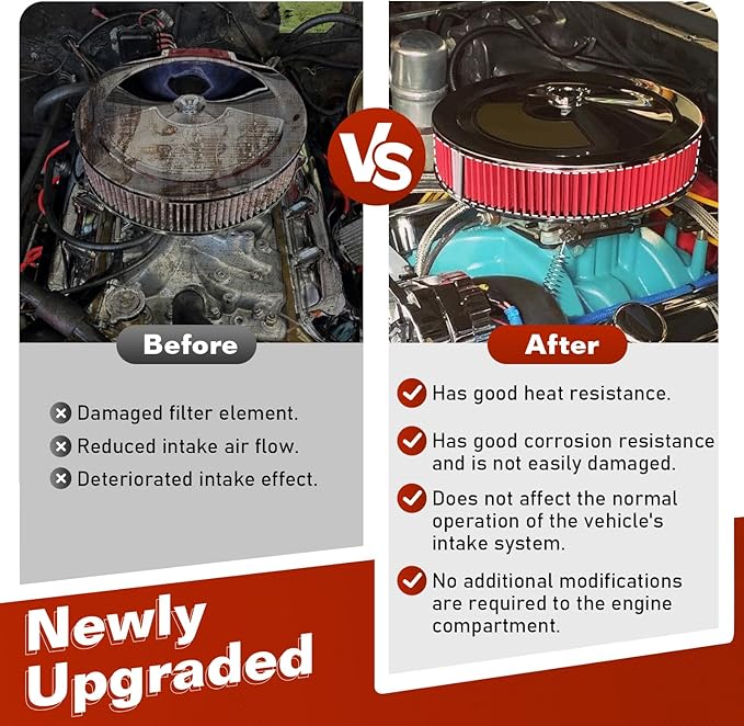 PTNHZ Red Round Air Cleaner Filter Element High Flow Replacement With Chevy Buick Ford GMC Oldsmobile Pontiac (14" x 5")