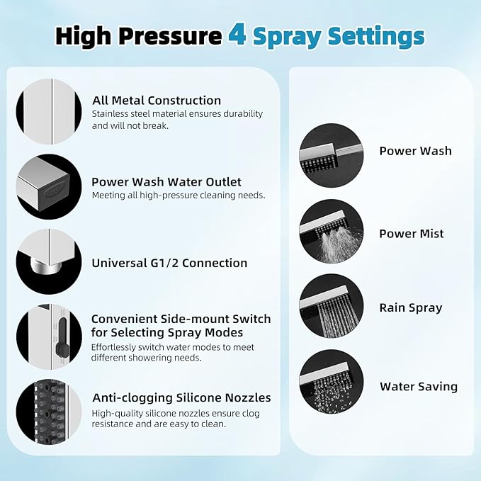Hibbent cUPC Certified High Pressure 12'' Rainfall Shower Head, Showerhead Combo with 4-mode Handheld Spray, 12'' Adjustable Extension Arm, Extension Bar, Easy Reach Holder, 71'' Hose, Chrome