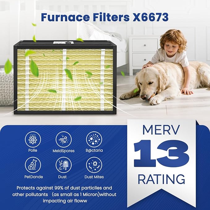 3-Pack 20x25x5 Air Filter MERV 13 Superior Pet & Allergy Defense, Pleated HVAC AC Furnace Filters Compatible with Lennox X6673(Actual Size: 19.88 x 24.75 x 4.38inch)