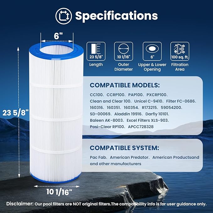 PELLUCID CC100 Pool Filter Compatible with CCRP100, PAP100, PAP100-4, C-9410, R173215, Filbur FC-0686, 59054200, 160316, 160354, Predator 100,100 sq.ft, Dimensions: 23 5/8" x 10 1/16"