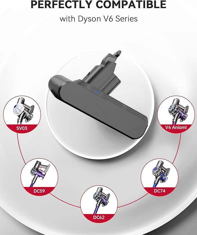 8000mAh Rechargeable Replacement Battery for Dyson V6 Series Vacuum Cleaners, Providing 26 Minutes of Runtime in Standard Mode, Installs in Just 3 Minutes, Includes 2 Pre Filter and 1 Post Filter