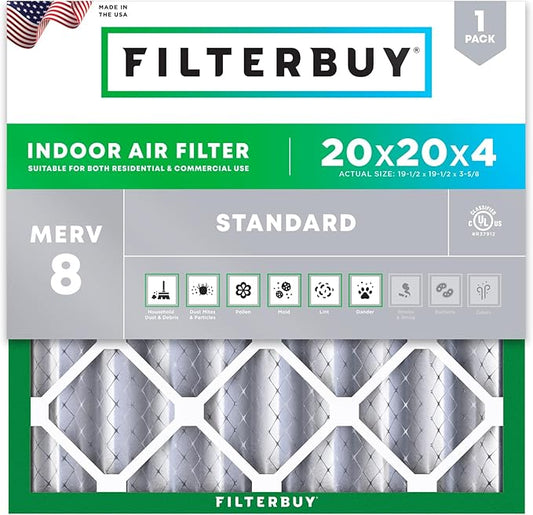 Filterbuy 20x20x4 Air Filter MERV 8 Essential Dust & Allergy Defense (1-Pack), Electrostatic Pleated HVAC AC Furnace Filters Replacement, Made in USA (Actual Size: 19.50 x 19.50 x 3.63)