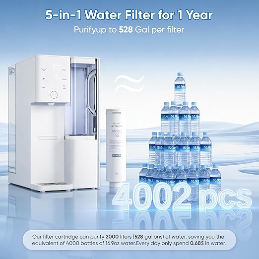 Reverse Osmosis Water Filter Countertop 5 Stage RO System, Hot & Cold Water Dispenser, 4:1 Pure to Drain, TDS Display & Filter Life, No Installation Portable RO Water Purifier for Home