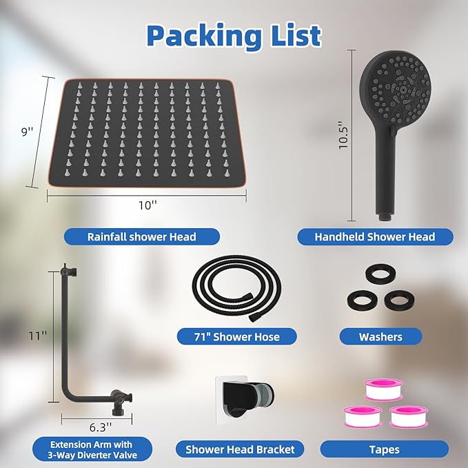 All Metal Shower Head, 10" High Pressure Rainfall/Handheld Shower Combo with 11" Extension Arm, 10-Spray Handheld Showerhead, 71" Long Hose, 3-Way Diverter Valve, Oil Rubbed Bronze