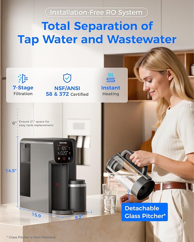 Waterdrop M6H Instant Hot Reverse Osmosis System Countertop Water Filter, 7-Stage, 3:1 Pure to Drain, Hot Water Dispenser with 5 Temperature Options, RO System with Glass Pitcher
