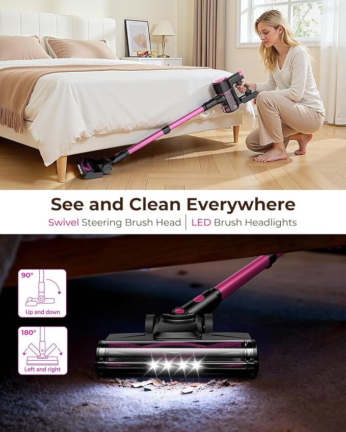 UML0 N8 Cordless Vacuum Cleaner,Lightweight Stick Vacuum with Powerful Suction,2200mAh Battery,40 Mins Runtime, Self-Standing,Rechargeable Vacuum Cleaners for Home Hardwood Floor Pet Hair (Blush)
