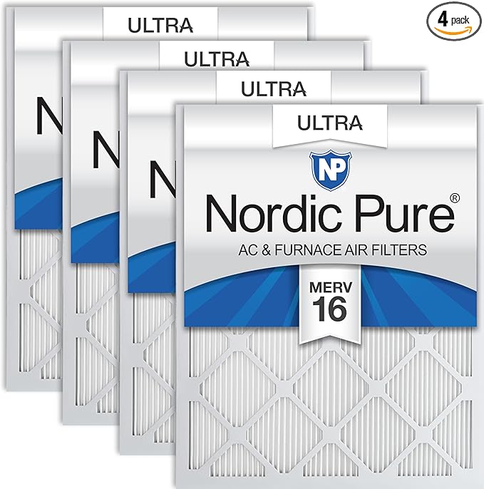 Nordic Pure 24x24x1 (Actual Size: 23 3/8 x 23 3/8 x 3/4) Pleated Ultra MERV 16 AC Furnace Air Filters–With 2.5X More Media for Allergy & Dust Relief, Max Efficiency & Low Airflow Resistance 4 Pack