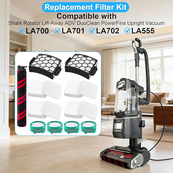 LA702 LA555 Complete Filter for Shark Rotator Pet Lift-Away Upright Vacuum with DuoClean PowerFins HairPro, 1 Soft Roller Brush, 2 HEPA Filters, 4 Foam & Felt Filters, 4 Odor Neutralizer Cartridge