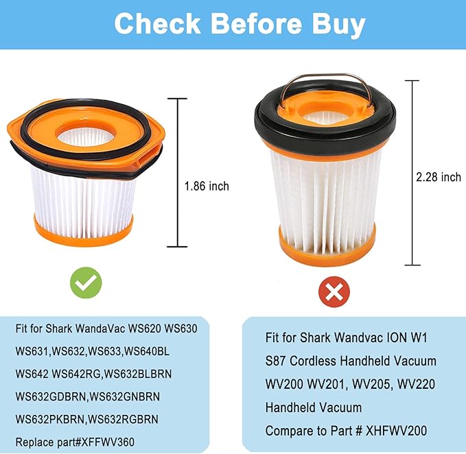 8 Pack Vacuum Filter Replacement for Shark WS620 WS632 WS630 Filter,Combatible With Shark Wandvac System WS633 WS632RGBRN WS632PKBRN WS632GNBRN WS632GDBRN WS632BLBRN, Replacement to Part # XFFWV360