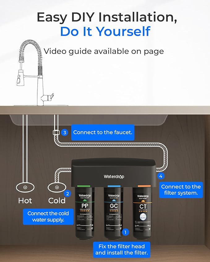 Waterdrop TSA 8 Layer Under Sink Water Filter System, Under Sink Water Filtration System, Reduces PFAS, PFOA/PFOS, Fluoride, Chlorine, Bad Taste & Odor, NSF/ANSI 42 Certified, Direct Connect to Faucet