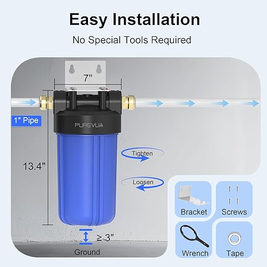PWB10 Whole House Water Filter Housing, Fits 10” x 4.5” Big Blue Filters, Inline Pre-Filtration System for RV, Home Well and City Water Sediment etc with 1" NPT Port, Pressure Relief Valve