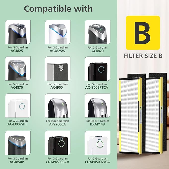 4 Pack FLT4825 Filter B Replacement with Activated Carbon Pre-Filters Compatible with Guardian Air Purifier AC4825 AC4300 AC4800 AC4900 AC4850 AP2200CA BXAP148 （4+8）