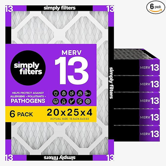 Simply 20x25x4 Air Filter, MERV 13, 6 Pack, Furnace Air Filter for HVAC (Actual Size:19.5"x24.5"x3.63") DUST, Pet, & Allergy Control
