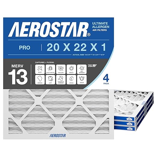 Aerostar 20x22x1 MERV 13 Air Filter, 4 Pack Set of HVAC Furnace Filters, Electrostatic MPR 1500-1900 & FPR 10 (Actual Size: 19 3/4 x 21 3/4 x 3/4 inches)
